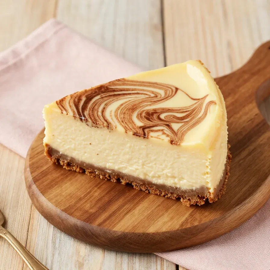 Ein cremiger Zimtschnecken-Cheesecake mit goldbrauner Zimtfüllung und dekorativen Zimtspiralen auf der Oberfläche.