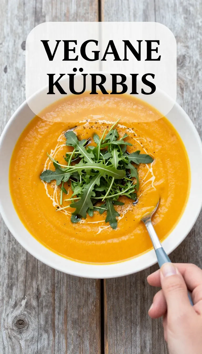 Eine cremige vegane Kürbissuppe in einer Schale, serviert mit frischen Kräutern und gerösteten Kürbiskernen.