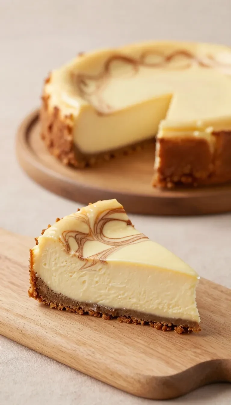Ein cremiger Zimtschnecken-Cheesecake mit goldbrauner Zimtfüllung und dekorativen Zimtspiralen auf der Oberfläche.