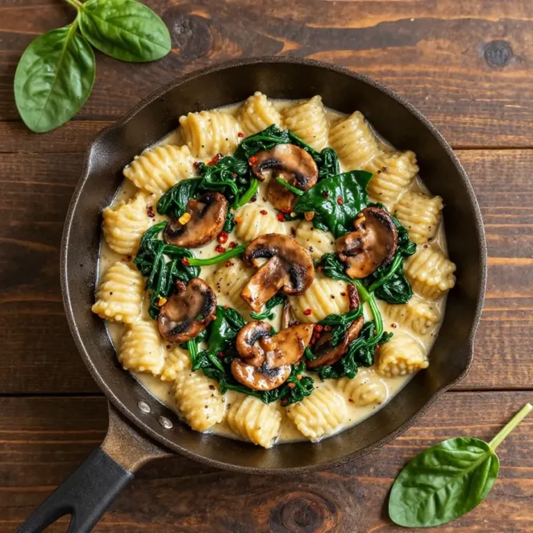 Cremige Spinat-Pilz-Gnocchi mit Knoblauch in geräucherter Paprikasauce, serviert in einer hellen Schüssel und mit frischen Kräutern garniert.