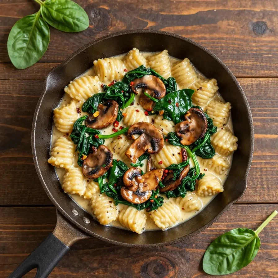 Cremige Spinat-Pilz-Gnocchi mit Knoblauch in geräucherter Paprikasauce, serviert in einer hellen Schüssel und mit frischen Kräutern garniert.