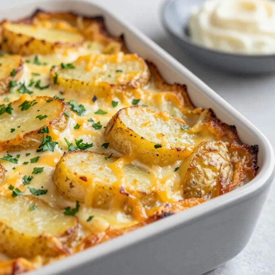 Kürbis-Tariflette mit goldbraun überbackenen Kartoffeln, Kürbisstücken, Käse und Kräutern in einer Auflaufform