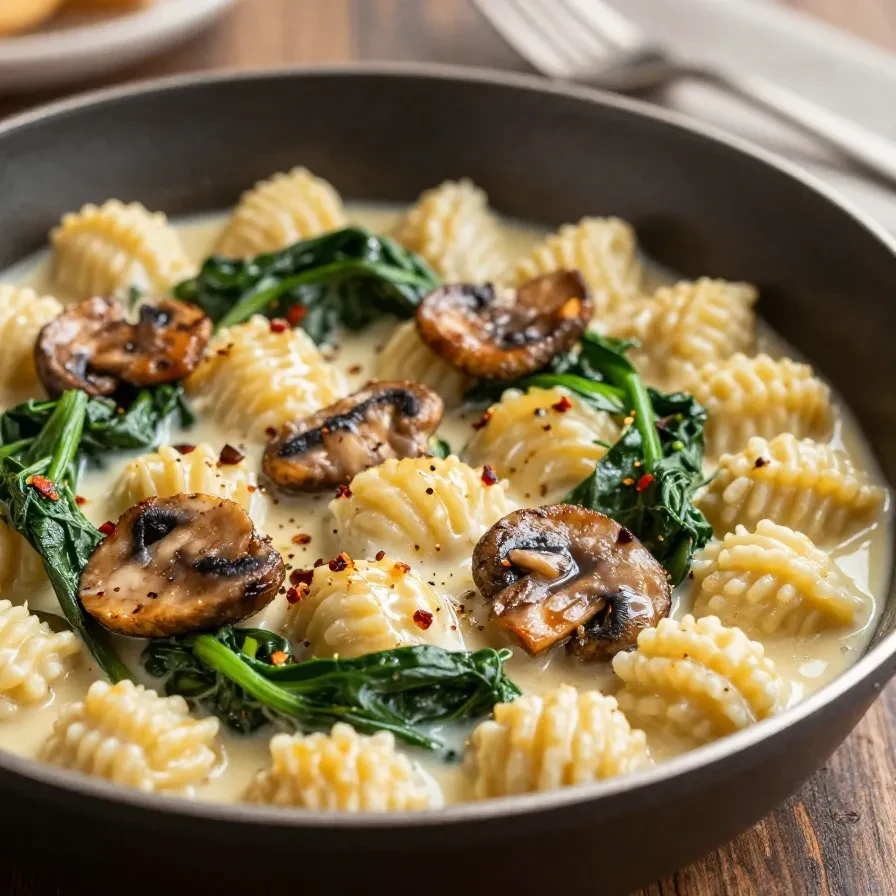 Cremige Spinat-Pilz-Gnocchi mit Knoblauch in geräucherter Paprikasauce, serviert in einer hellen Schüssel und mit frischen Kräutern garniert.