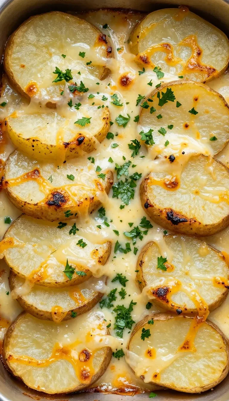 Kürbis-Tariflette mit goldbraun überbackenen Kartoffeln, Kürbisstücken, Käse und Kräutern in einer Auflaufform