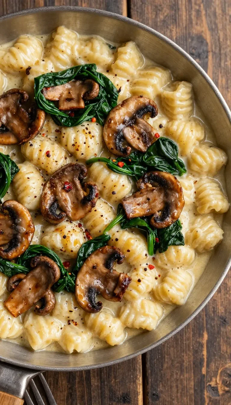 Cremige Spinat-Pilz-Gnocchi mit Knoblauch in geräucherter Paprikasauce, serviert in einer hellen Schüssel und mit frischen Kräutern garniert.