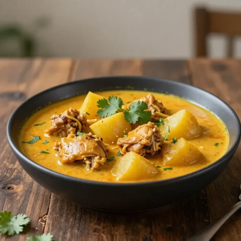 Eine Schüssel veganes Kürbis-Curry mit Kokosmilch, garniert mit frischen Kräutern und Reis serviert.