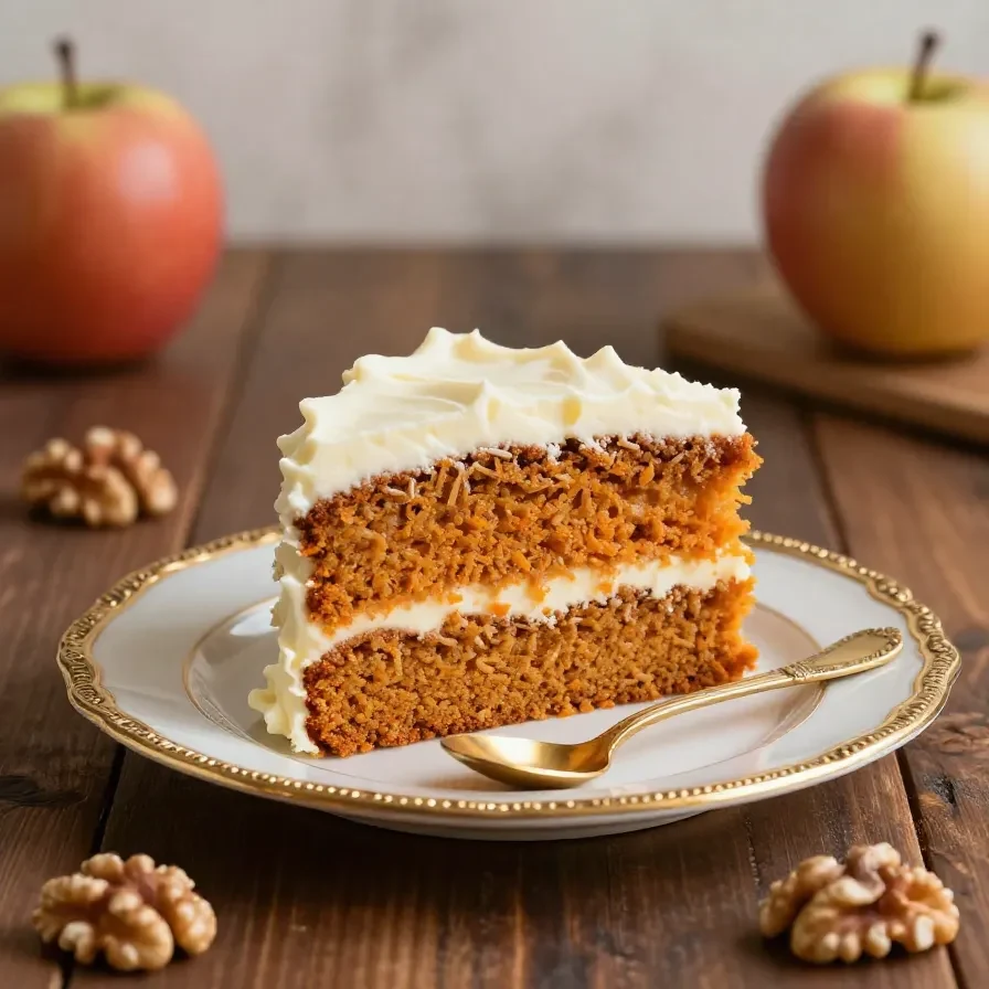 Saftiger Kürbiskuchen mit cremigem Frischkäse-Frosting auf einer weißen Tortenplatte