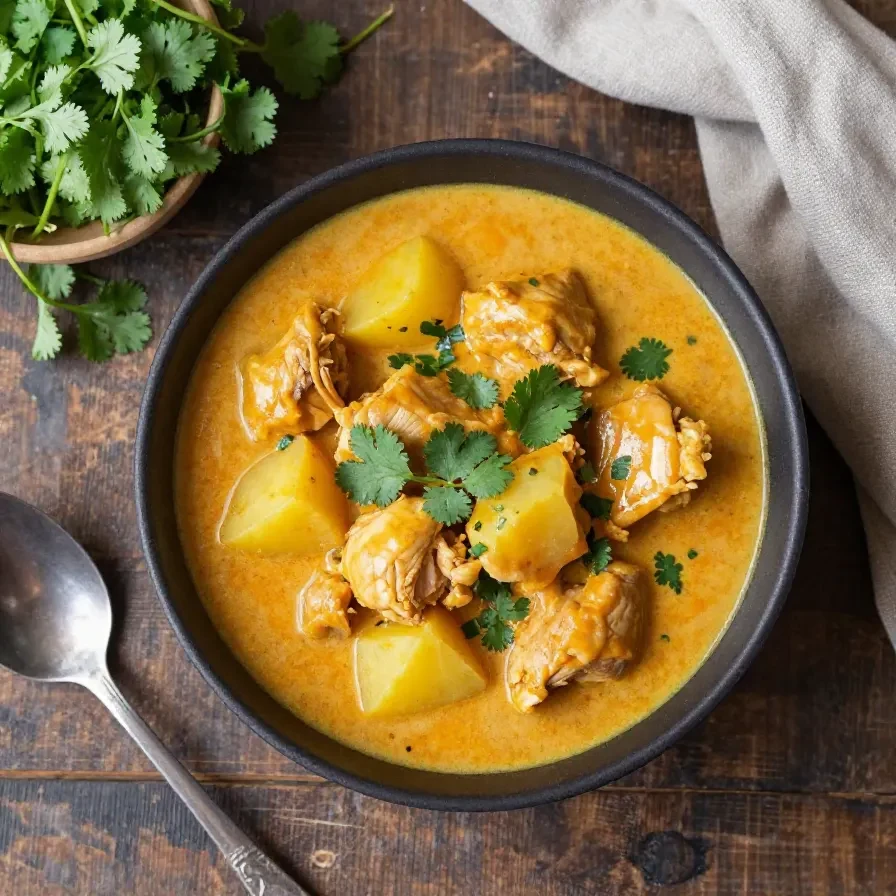Eine Schüssel veganes Kürbis-Curry mit Kokosmilch, garniert mit frischen Kräutern und Reis serviert.