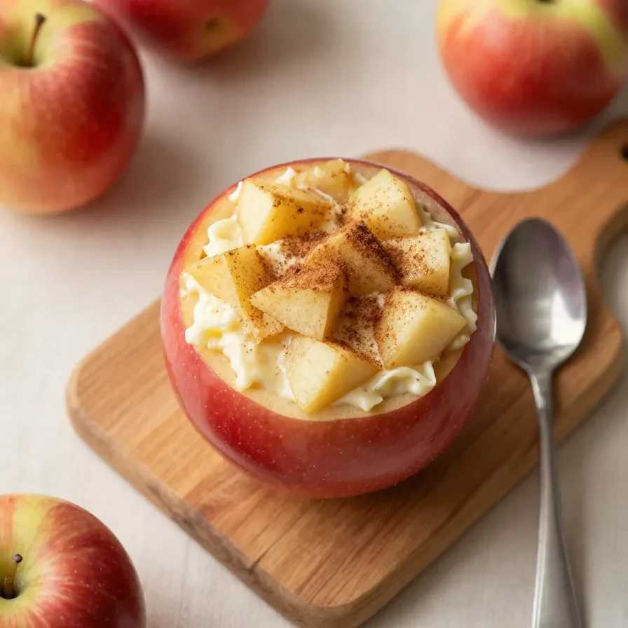 Ein herbstliches Apfel-Dessert in einem Glas mit Apfelstücken, Zimt und knusprigen Streuseln.