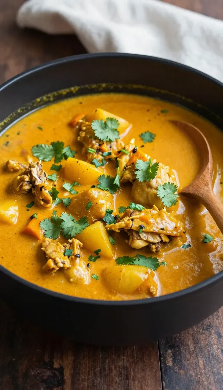 Eine Schüssel veganes Kürbis-Curry mit Kokosmilch, garniert mit frischen Kräutern und Reis serviert.