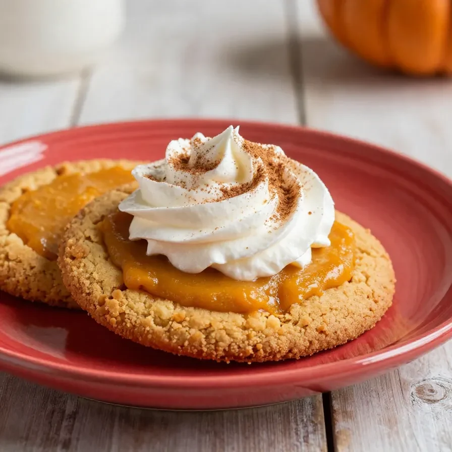 Vegane Pumpkin-Pie-Cookies auf einem Teller mit Kürbisgewürz und cremiger Füllung