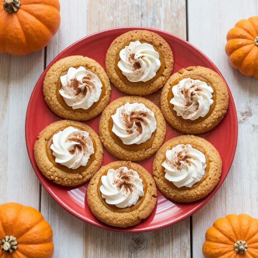 Vegane Pumpkin-Pie-Cookies auf einem Teller mit Kürbisgewürz und cremiger Füllung