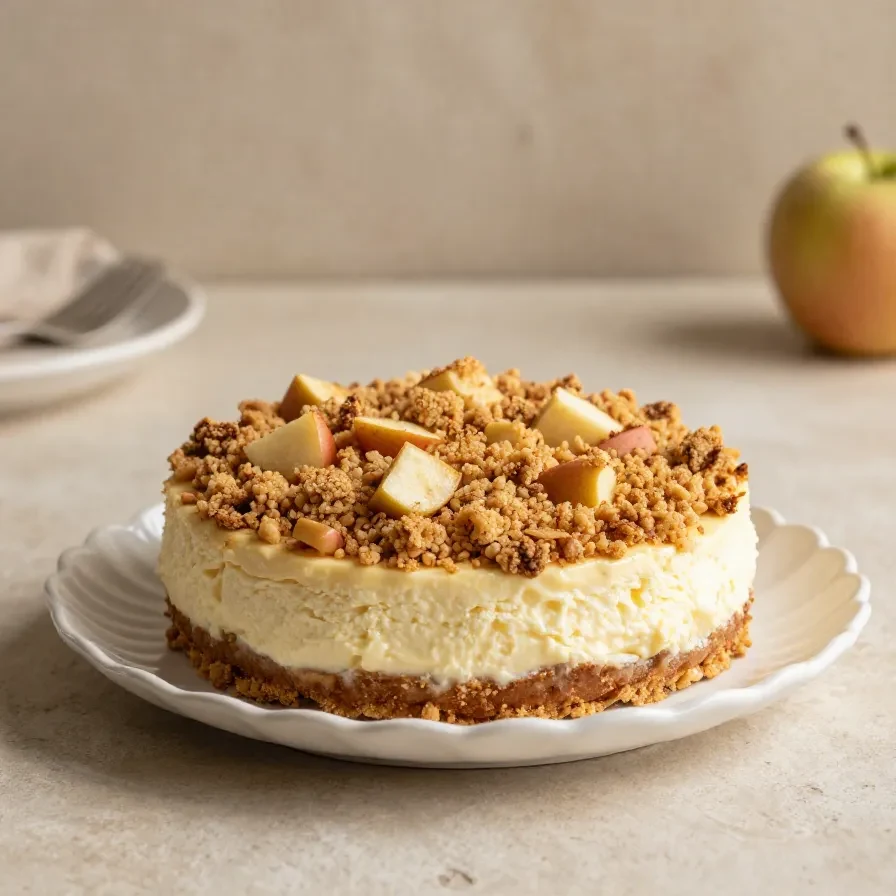 Ein Stück Apple Crumble Cheesecake mit cremiger Füllung, Apfelstückchen und knuspriger Streuselkruste auf einem Teller.