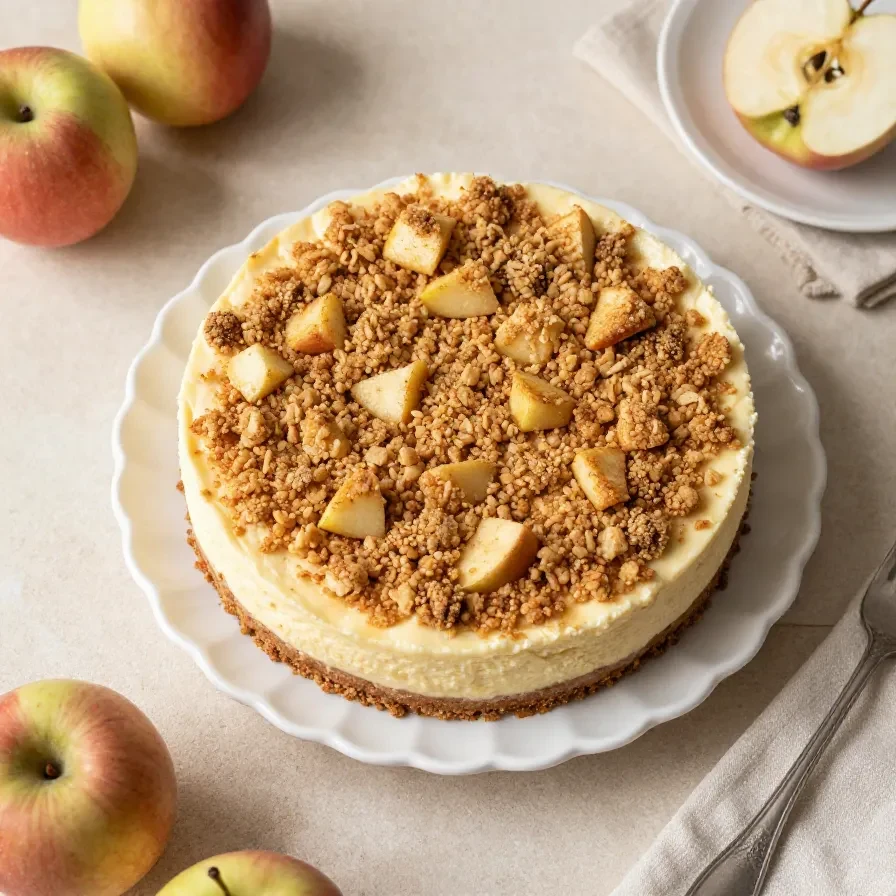 Ein Stück Apple Crumble Cheesecake mit cremiger Füllung, Apfelstückchen und knuspriger Streuselkruste auf einem Teller.