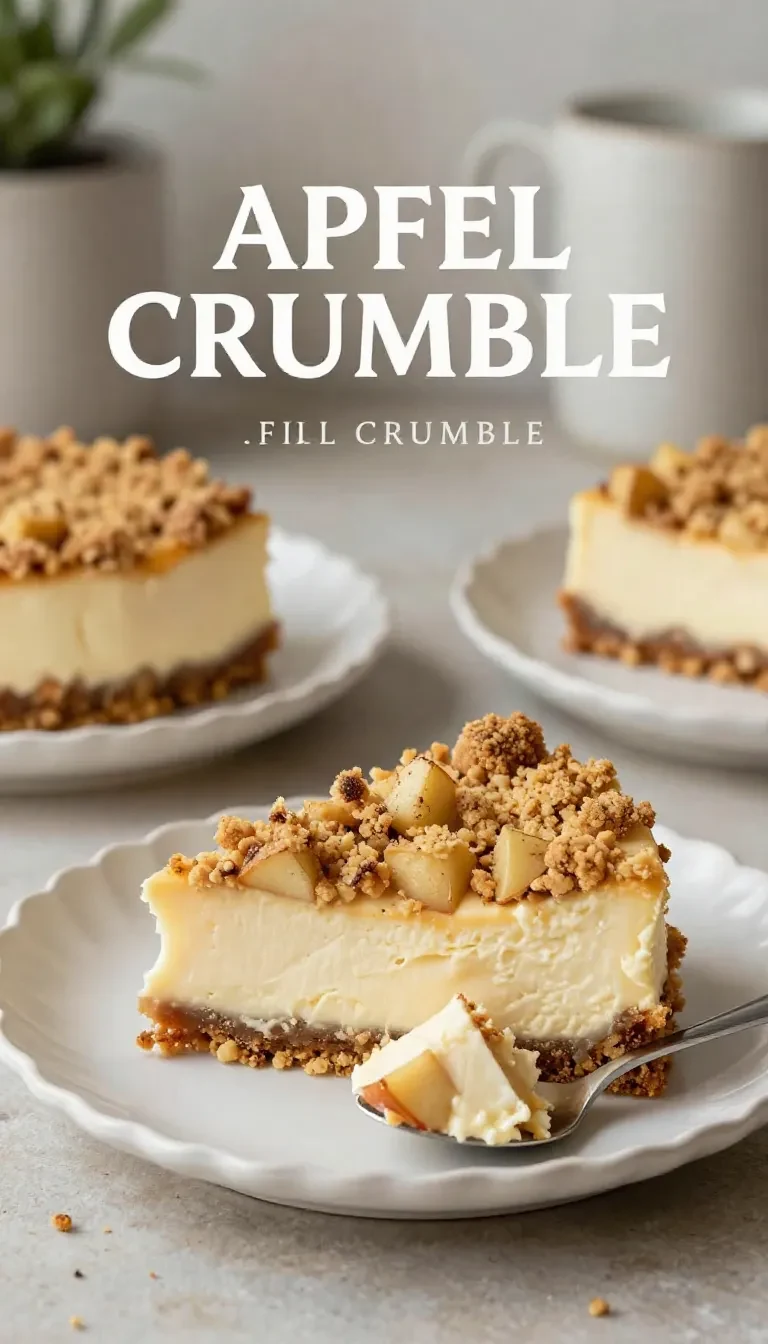 Ein Stück Apple Crumble Cheesecake mit cremiger Füllung, Apfelstückchen und knuspriger Streuselkruste auf einem Teller.