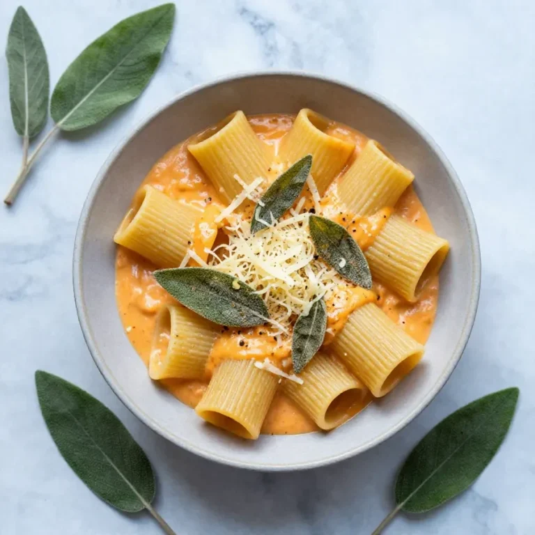 Eine cremige Kürbis-Pasta mit geriebenem Parmesan in einer hellen Schale serviert.