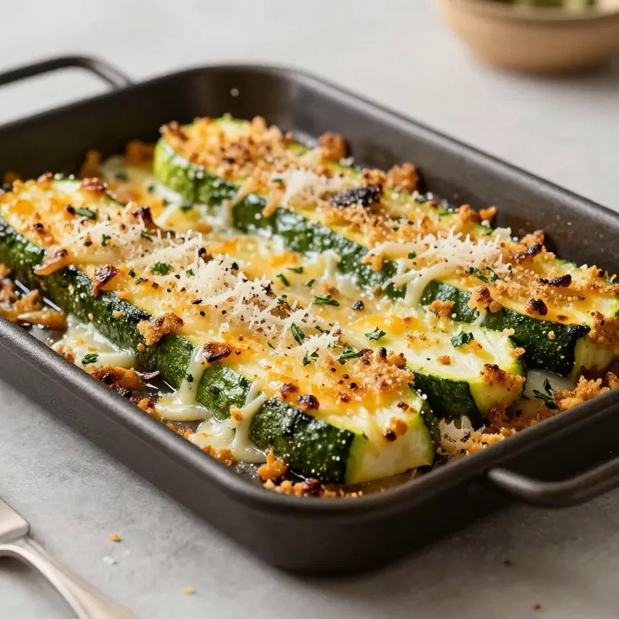 Ofengebackene Zucchini Parmesan 1 Ofengebackene Zucchini-Parmesan-Scheiben auf einem Backblech mit goldbrauner Käsekruste.