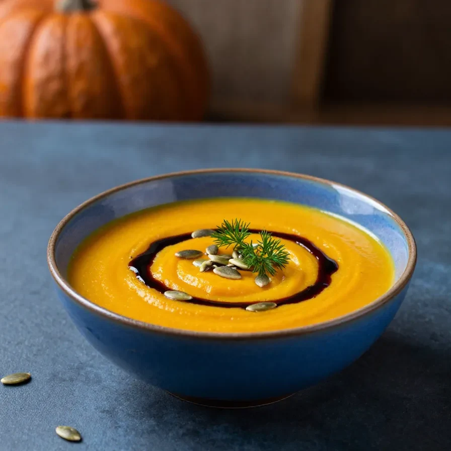 Eine cremige Kürbissuppe in einer Schale, garniert mit Kürbiskernen und etwas Petersilie.