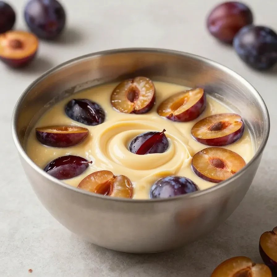 Ein Stück frisch gebackener Pflaumenkuchen mit goldbraunem Boden und saftigen Pflaumen auf einem weißen Teller.
