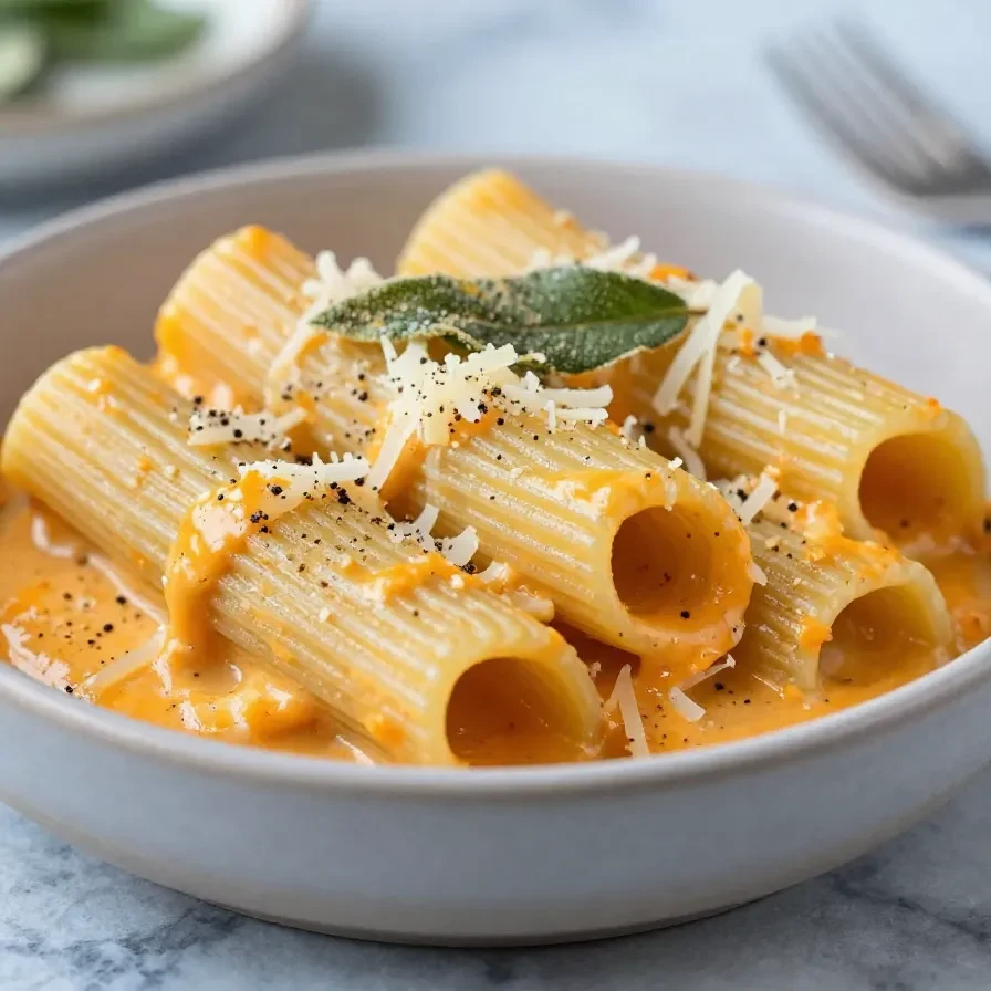 Eine cremige Kürbis-Pasta mit geriebenem Parmesan in einer hellen Schale serviert.
