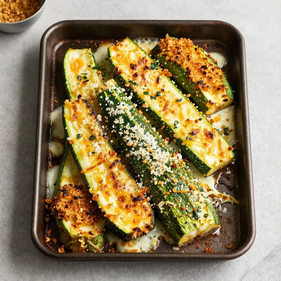 Ofengebackene Zucchini Parmesan 6 Ofengebackene Zucchini-Parmesan-Scheiben auf einem Backblech mit goldbrauner Käsekruste.