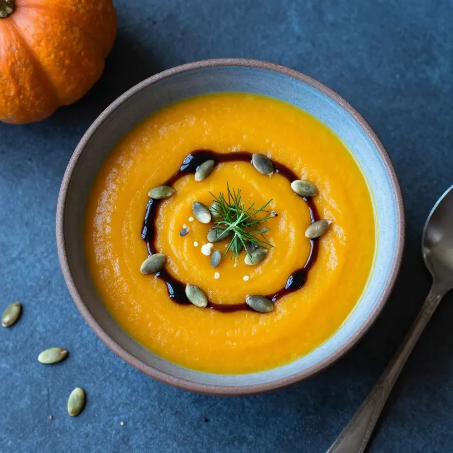Eine cremige Kürbissuppe in einer Schale, garniert mit Kürbiskernen und etwas Petersilie.
