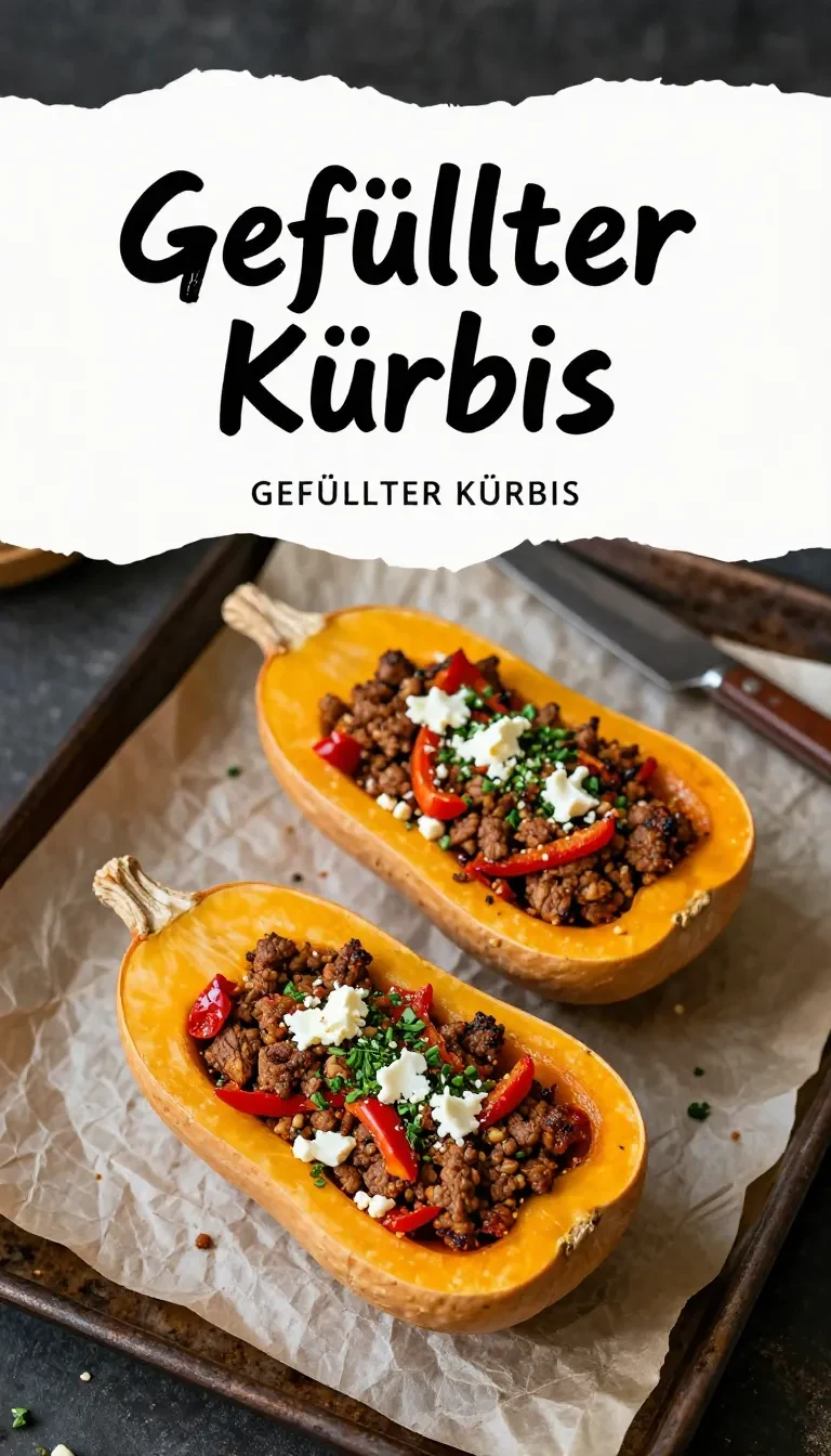 Gefüllter Kürbis mit Hackfleisch, frisch aus dem Ofen, auf einem Servierteller angerichtet.