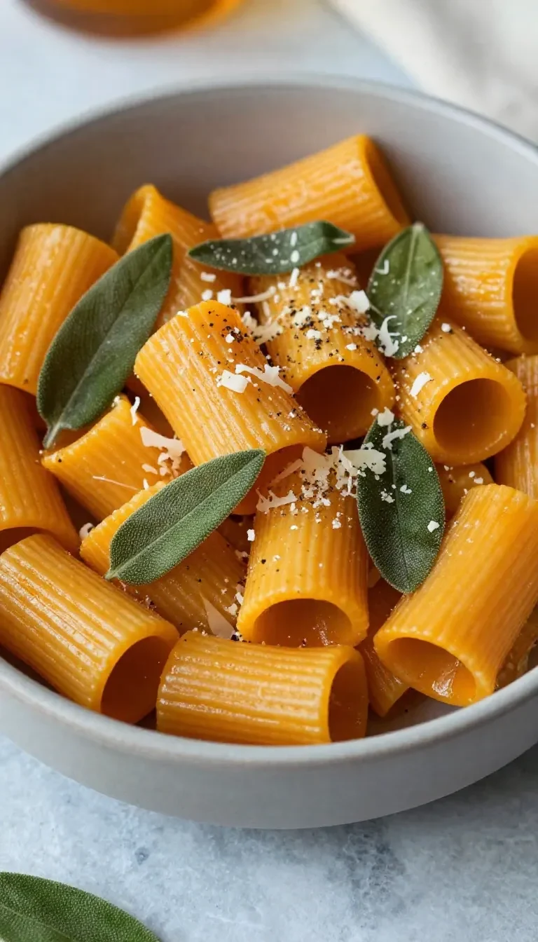 Eine cremige Kürbis-Pasta mit geriebenem Parmesan in einer hellen Schale serviert.