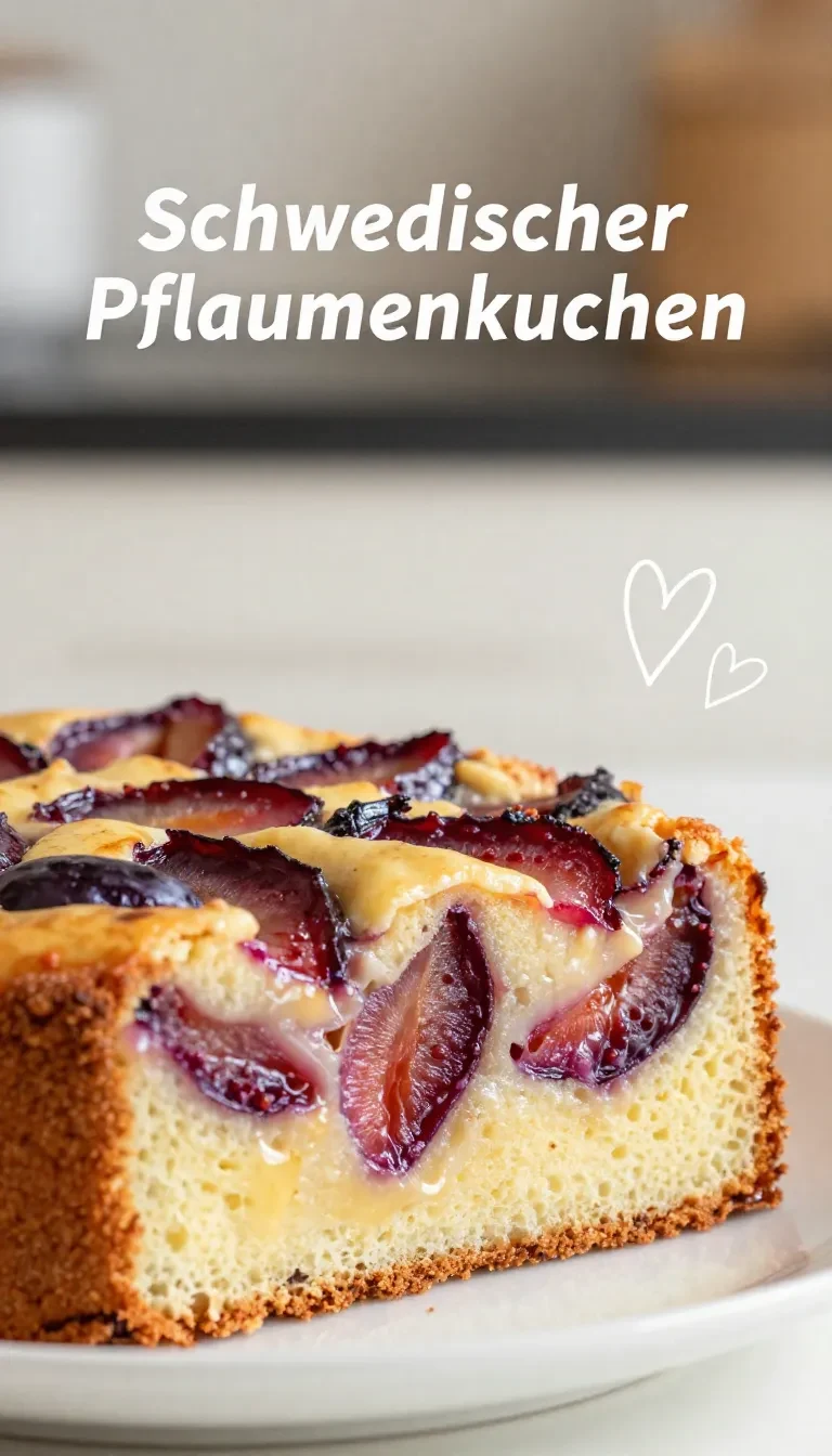 Frisch gebackener schwedischer Pflaumenkuchen vom Blech mit saftigen Pflaumenstücken und goldbrauner Oberfläche