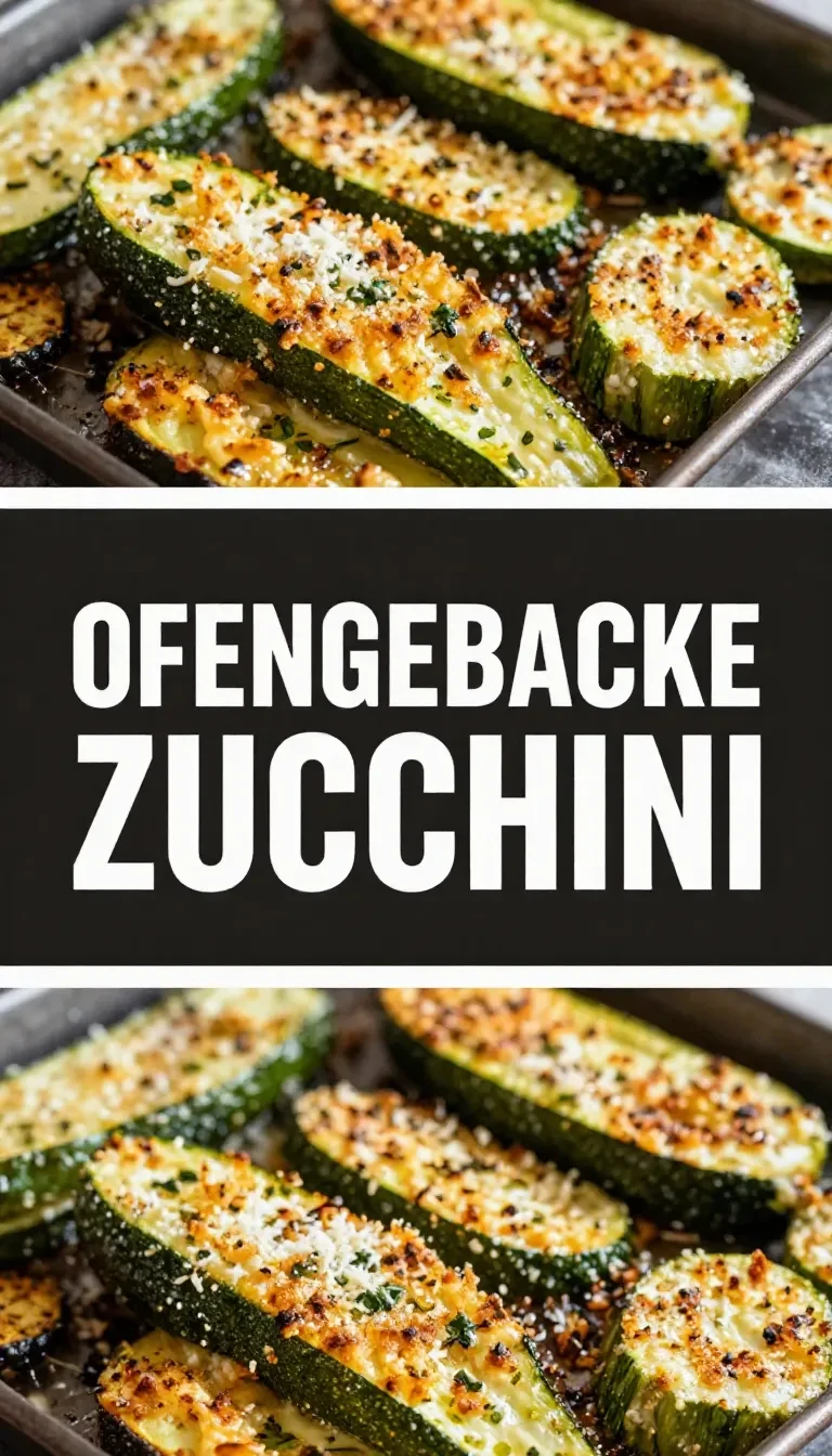 Ofengebackene Zucchini Parmesan 10 Ofengebackene Zucchini-Parmesan-Scheiben auf einem Backblech mit goldbrauner Käsekruste.