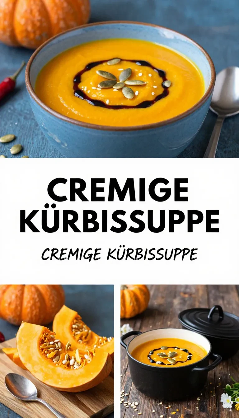 Eine cremige Kürbissuppe in einer Schale, garniert mit Kürbiskernen und etwas Petersilie.