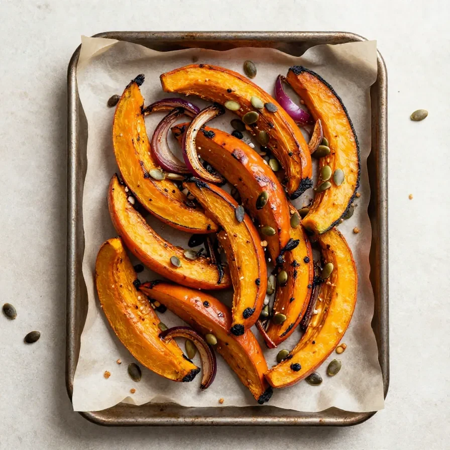 Buntes aromatisches Kürbisgemüse vom Blech mit Kürbisstücken, Zwiebeln und Kräutern frisch gebacken.
