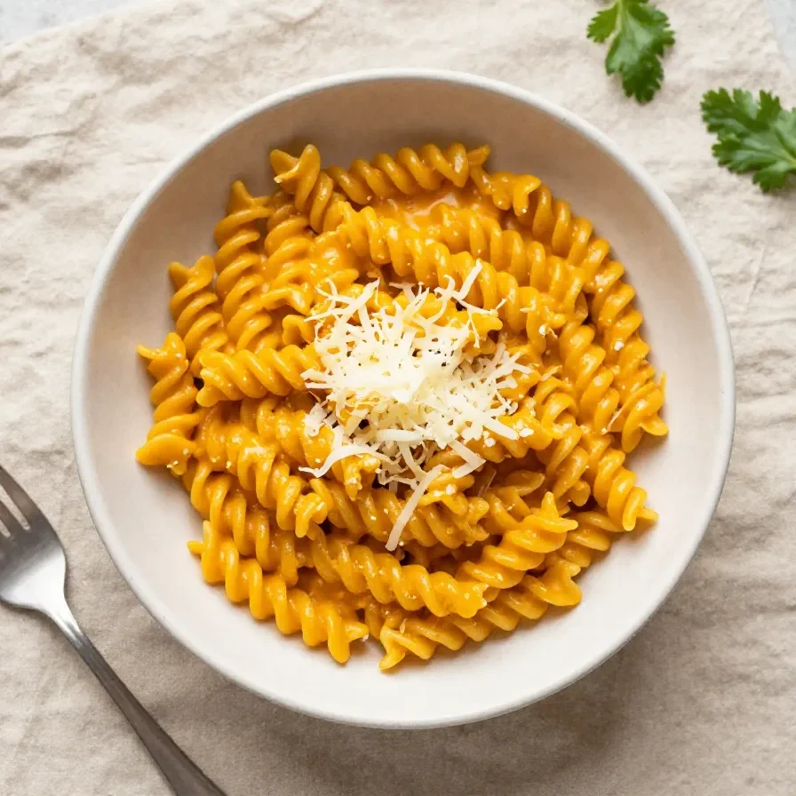 Cremige vegane Butternut-Kürbis-Pastasauce in einer Schüssel mit frischen Kräutern und Pasta daneben.