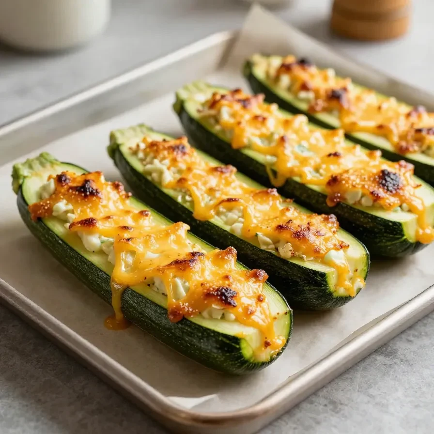 Frisch gebackene Zucchinihälften, gefüllt mit cremigem Käse und goldbraun überbacken auf einem Teller.