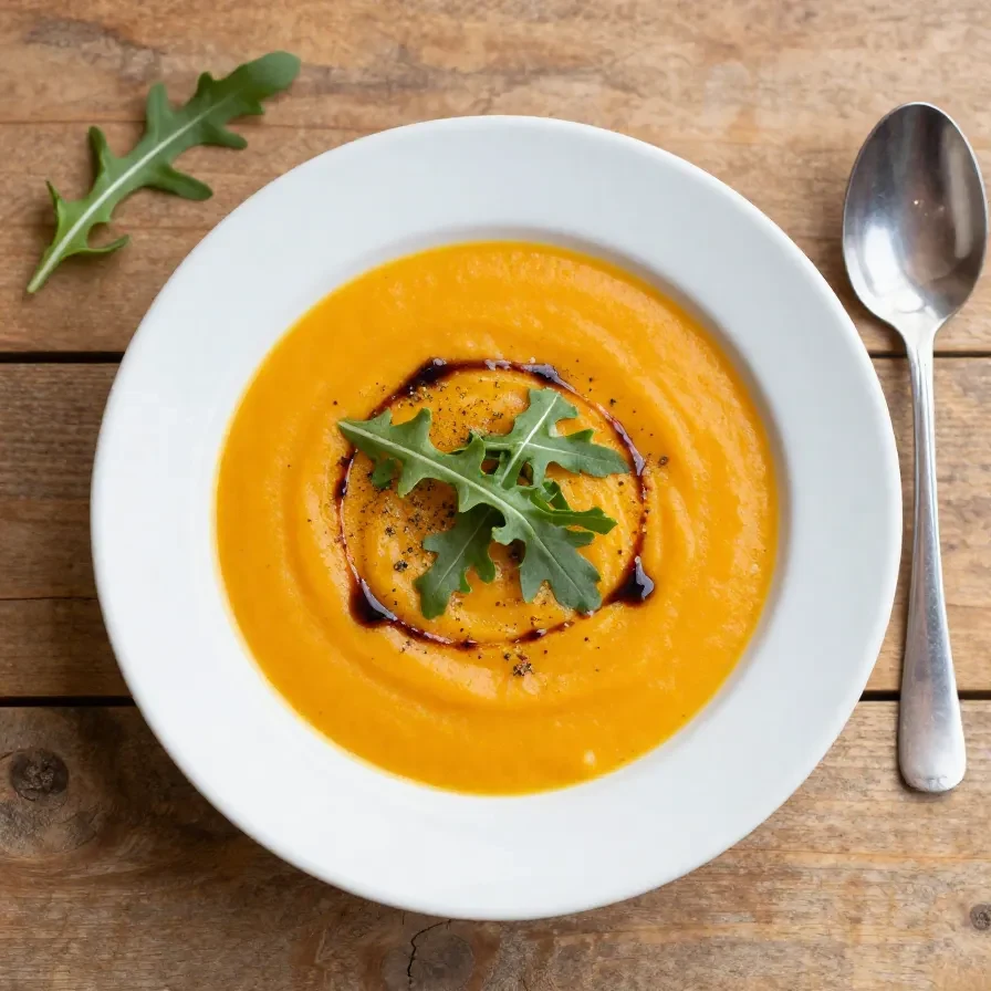 Kürbis Suppe einfach, vegan & lecker 1 Eine cremige vegane Kürbissuppe in einer weißen Schüssel, garniert mit Kürbiskernen und frischen Kräutern.