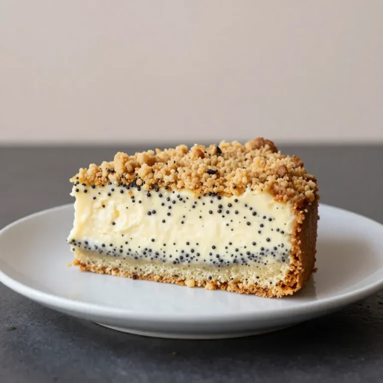 Ein Stück Mohnkuchen mit cremigem Pudding und knusprigen Streuseln auf einem Teller.