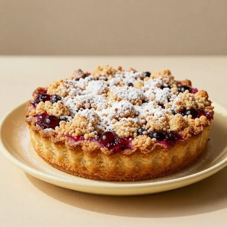 Ein frisch gebackener Pflaumenkuchen mit Streusel und Pudding auf einem Kuchenteller.