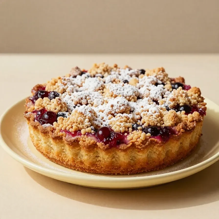 Ein frisch gebackener Pflaumenkuchen mit Streusel und Pudding auf einem Kuchenteller.