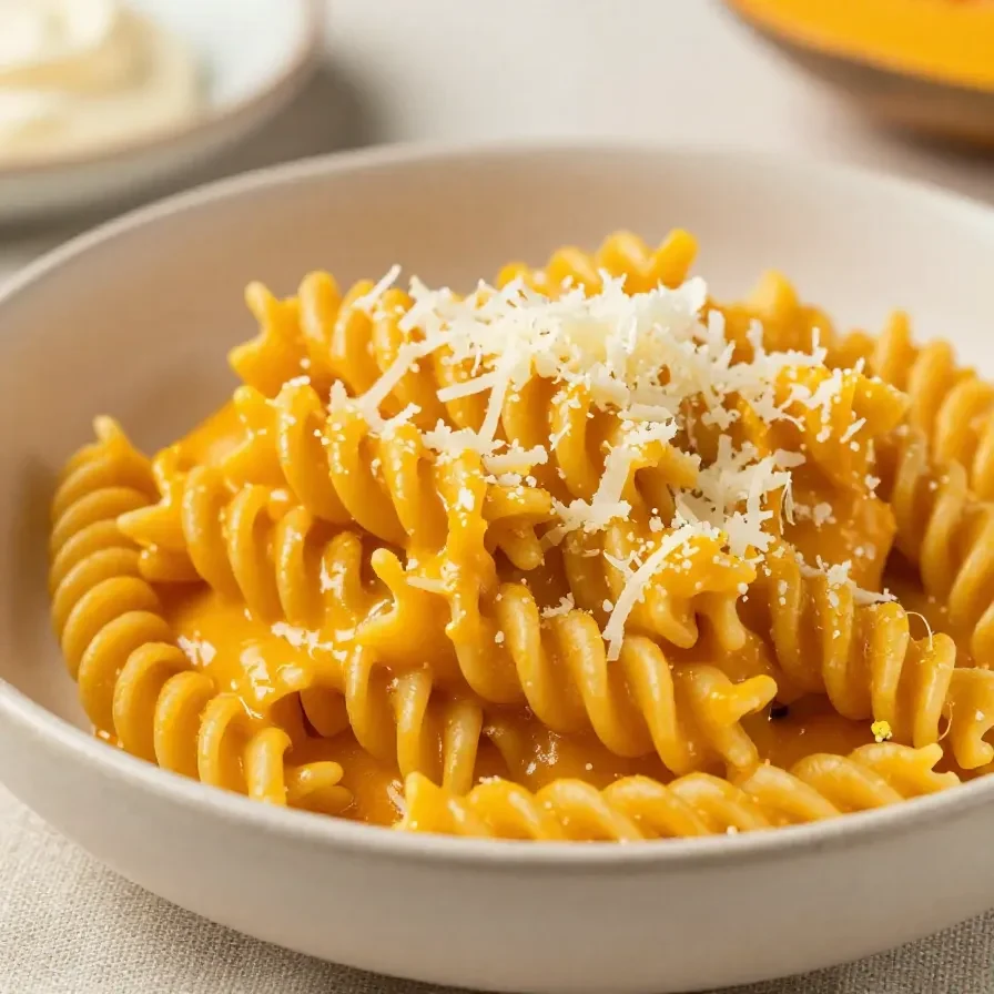 Cremige vegane Butternut-Kürbis-Pastasauce in einer Schüssel mit frischen Kräutern und Pasta daneben.