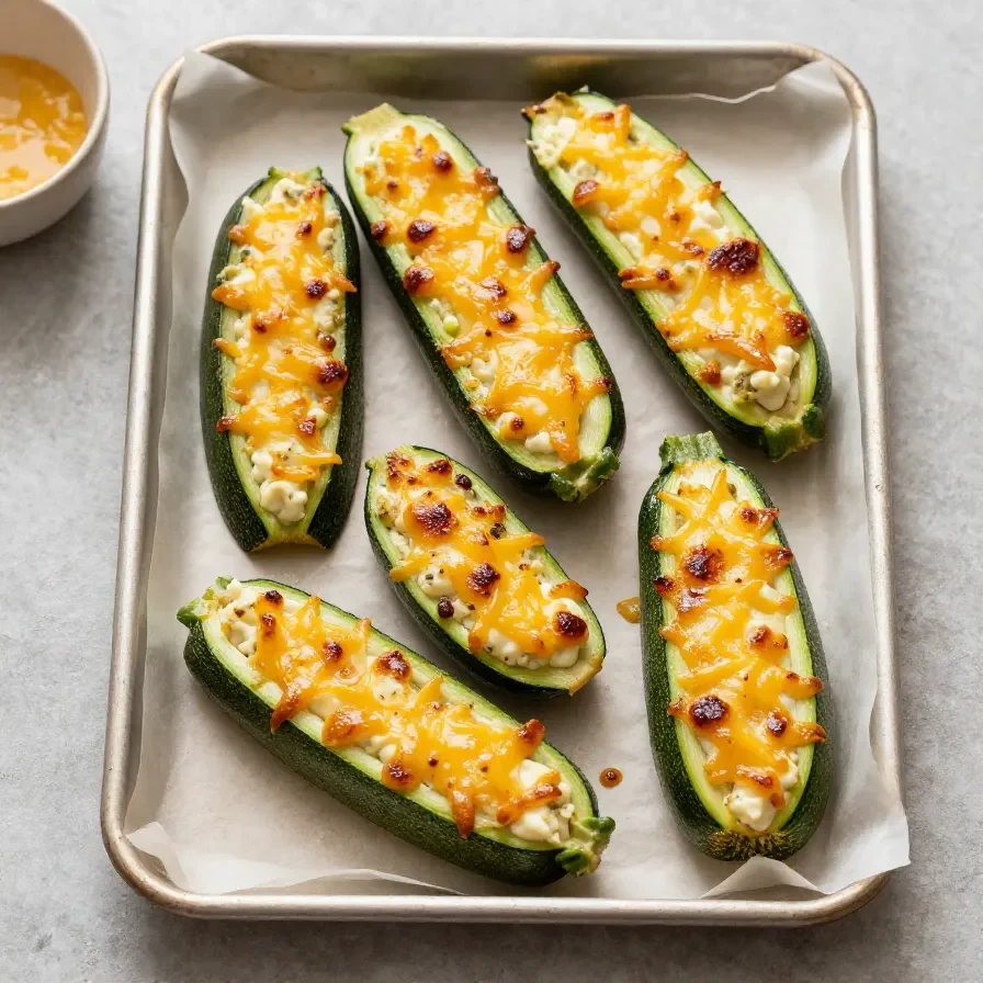 Frisch gebackene Zucchinihälften, gefüllt mit cremigem Käse und goldbraun überbacken auf einem Teller.