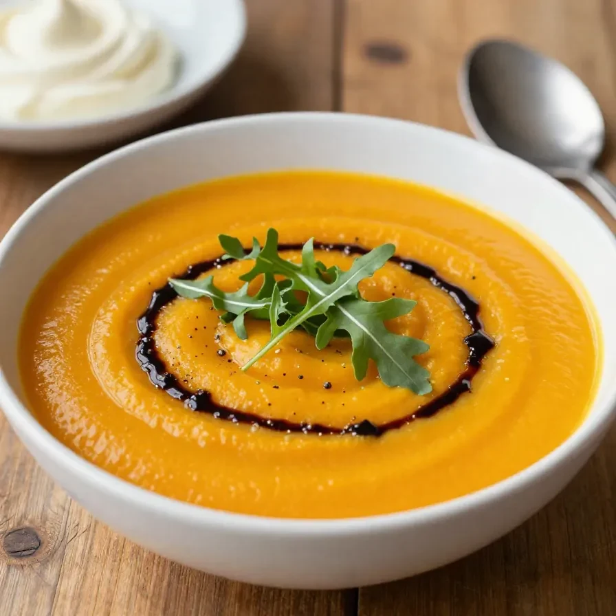 Kürbis Suppe einfach, vegan & lecker 6 Eine cremige vegane Kürbissuppe in einer weißen Schüssel, garniert mit Kürbiskernen und frischen Kräutern.