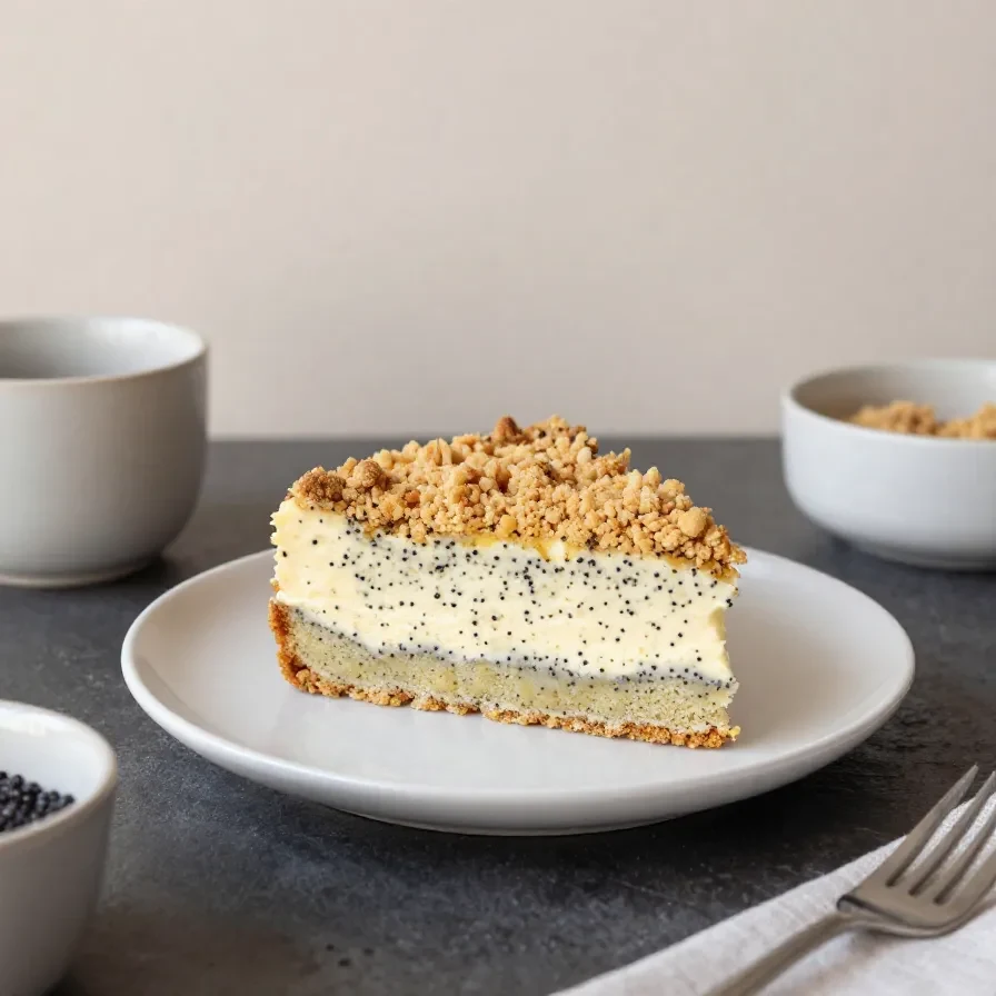 Ein Stück Mohnkuchen mit cremigem Pudding und knusprigen Streuseln auf einem Teller.