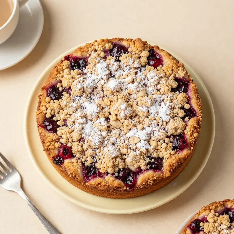 Ein frisch gebackener Pflaumenkuchen mit Streusel und Pudding auf einem Kuchenteller.