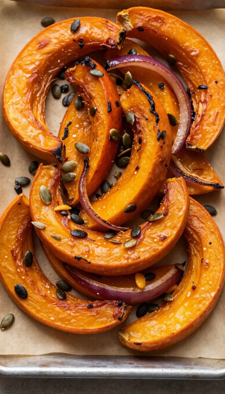 Buntes aromatisches Kürbisgemüse vom Blech mit Kürbisstücken, Zwiebeln und Kräutern frisch gebacken.