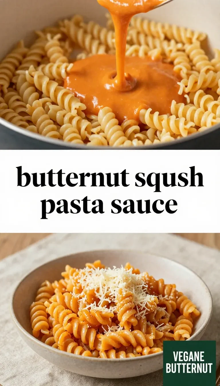 Cremige vegane Butternut-Kürbis-Pastasauce in einer Schüssel mit frischen Kräutern und Pasta daneben.