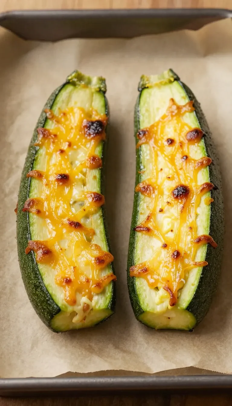 Frisch gebackene Zucchinihälften, gefüllt mit cremigem Käse und goldbraun überbacken auf einem Teller.