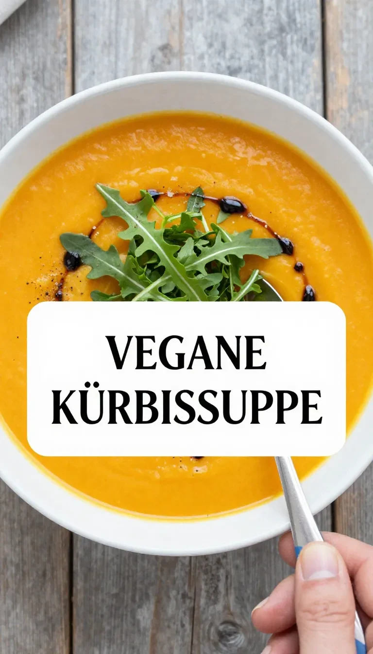 Kürbis Suppe einfach, vegan & lecker 10 Eine cremige vegane Kürbissuppe in einer weißen Schüssel, garniert mit Kürbiskernen und frischen Kräutern.