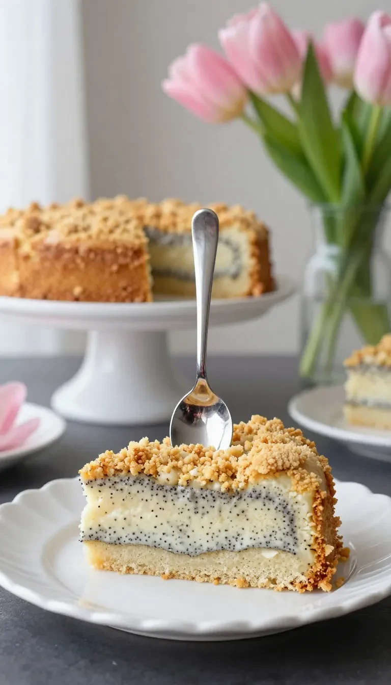 Ein Stück Mohnkuchen mit cremigem Pudding und knusprigen Streuseln auf einem Teller.