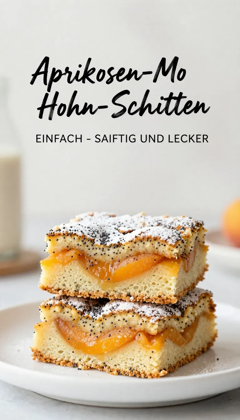 Saftige Aprikosen-Mohn-Schnitten mit goldbraunen Streuseln auf einem hellen Teller serviert