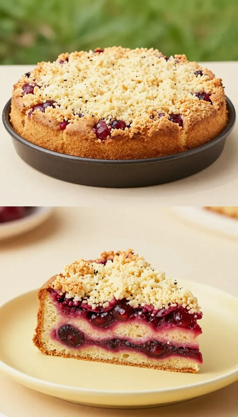 Ein frisch gebackener Pflaumenkuchen mit Streusel und Pudding auf einem Kuchenteller.